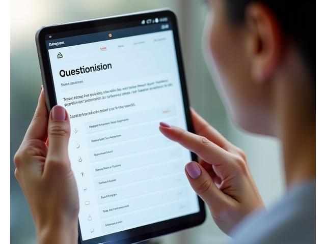 Una donna serena che risponde a un questionario digitale sulla salute su un tablet, mostrando un'interfaccia pulita e incentrata sulla privacy.