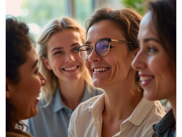 Un gruppo diversificato di donne con sorrisi e di età diverse che si sostengono a vicenda in un ambiente accogliente, simbolizzando una comunità femminile online.
