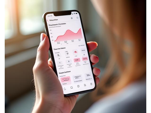 Interfaccia grafica di un'app di monitoraggio del ciclo che mostra grafici di dati ormonali e sintomi su uno smartphone con un design pulito e intuitivo.