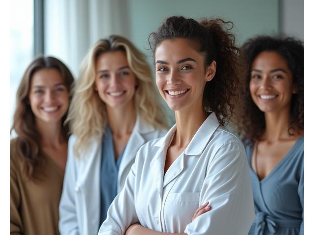 Gruppo di donne professioniste della salute che collaborano in un ambiente medico moderno, con un'atmosfera di fiducia e competenza.