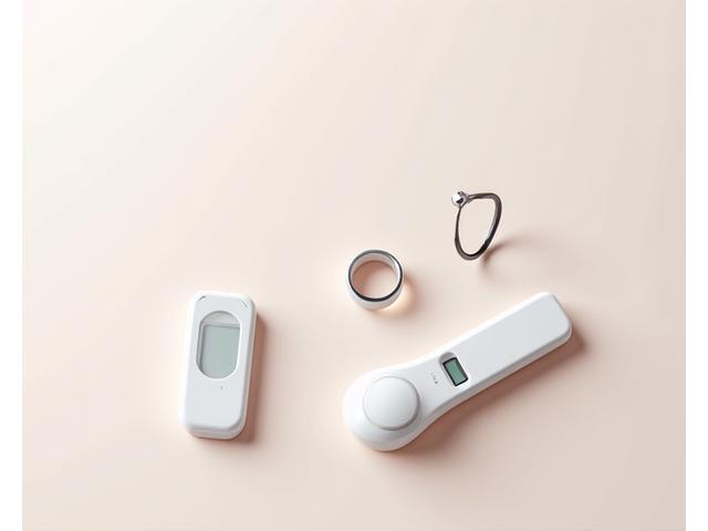 Una selezione di dispositivi femtech moderni e raffinati appoggiati su una superficie pulita: un termometro basale smart, un dispositivo indossabile per la salute pelvica, e uno strumento di monitoraggio del seno.