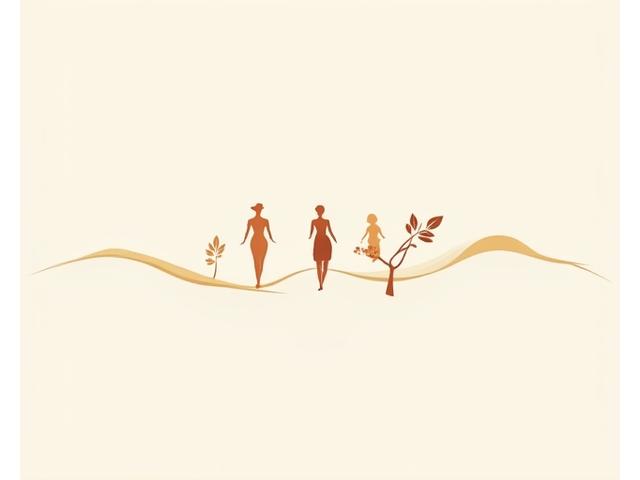Illustrazione di diverse icone che rappresentano le fasi della vita di una donna: fertilità, gravidanza, maternità, menopausa, collegate da una linea fluida, su uno sfondo calmo.