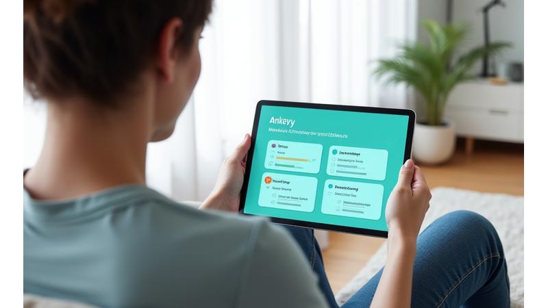 Una persona seduta tranquillamente in una stanza luminosa, con un'interfaccia digitale che mostra un programma di gestione dell'ansia basato sulla CBT
