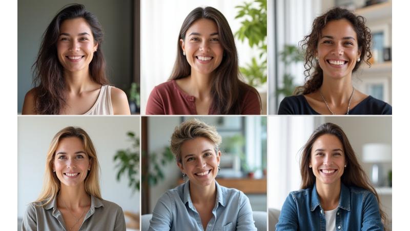 Un gruppo diversificato di persone connesse virtualmente, sorridenti e impegnate in una conversazione, con elementi grafici che indicano un supporto online moderato per la felicità e la connessione