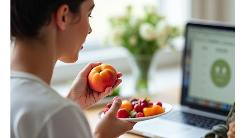 Persona che pratica mindful eating con un frutto in mano, sullo sfondo un orologio digitale e un planner disegnato che mostrano l'integrazione della mindfulness nella routine quotidiana