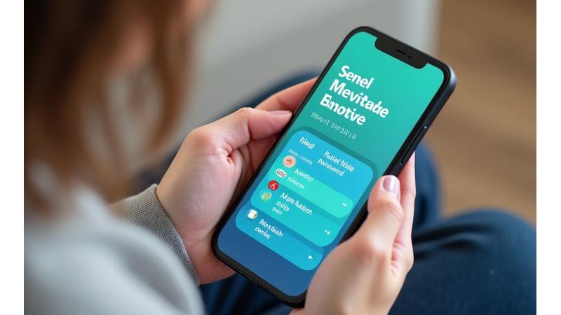 Schermata stilizzata di un'app di meditazione con diverse categorie e durate, su uno smartphone tenuto da mani rilassate.