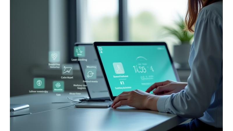 Persona in ambiente lavorativo che pratica esercizi di respirazione al computer, con icone minimaliste di strumenti di gestione stress in overlay