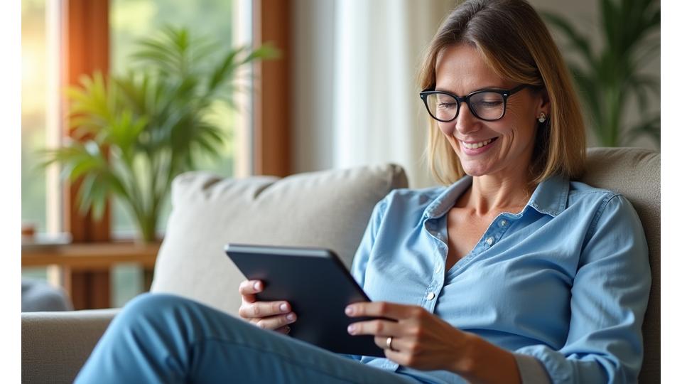 Donna sorridente che legge un tablet in un ambiente luminoso e naturale, simbolizzando il benessere digitale.