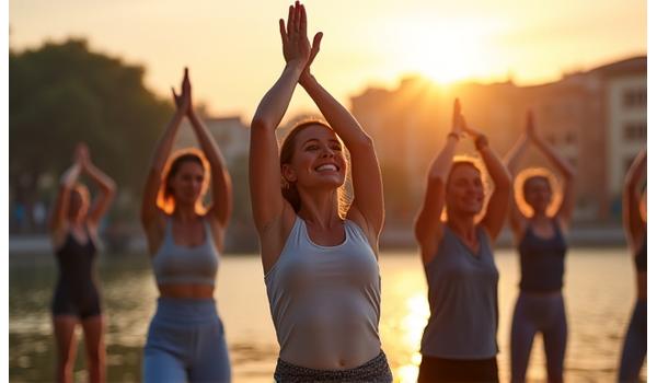 Uomo e donna maturi che fanno yoga all'aperto, enfatizzando il movimento e il benessere fisico.