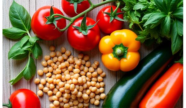 Cibi freschi e colorati simboleggianti una dieta sana e bilanciata.