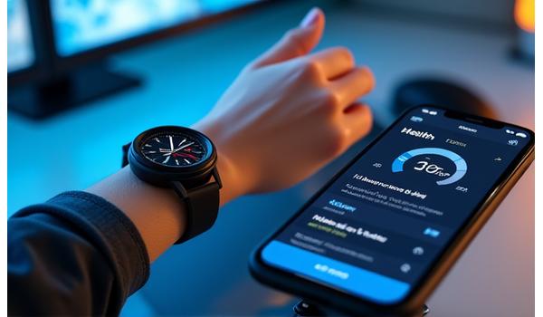 Dispositivi indossabili e app di salute su uno smartphone, che rappresentano la tecnologia per il benessere.
