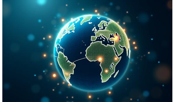Mappa del mondo illuminata con punti di innovazione, a simboleggiare le tendenze globali della salute.