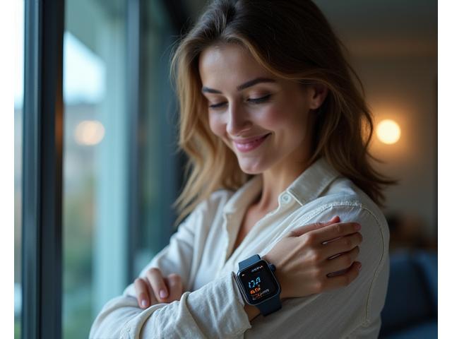Donna sorridente che utilizza uno smartwatch, simbolo di monitoraggio e coaching digitale personalizzato.