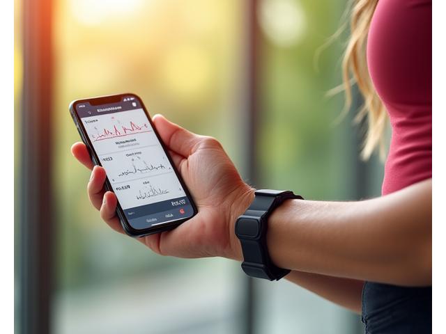 Donna che indossa un wearable ECG al polso, con grafici della frequenza cardiaca su un'app Alba Nuova