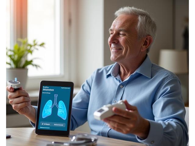 Uomo che usa uno spirometro digitale, i cui dati vengono trasmessi a un tablet con l'interfaccia Alba Nuova