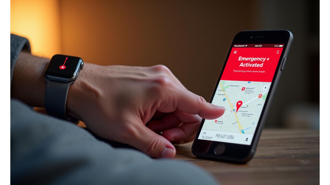 Mano di una persona anziana che preme un pulsante di emergenza su un dispositivo wearable, mentre appare un'interfaccia di allerta sull'app Alba Nuova