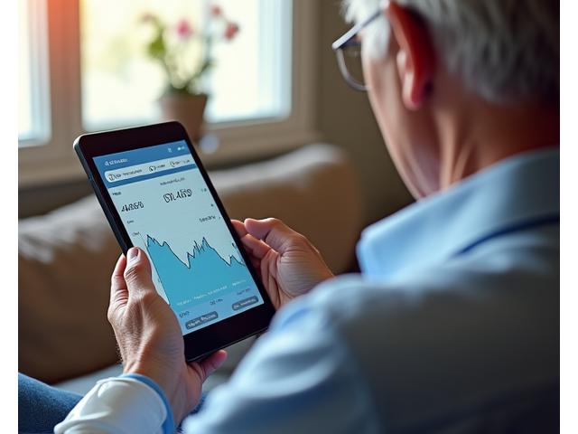 Uomo anziano che misura la pressione sanguigna con un bracciale smart, dati visualizzati su un tablet Alba Nuova