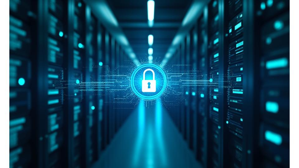 Rappresentazione grafica di sicurezza informatica con reti protette e un lucchetto digitale gigante in contesto aziendale pulito