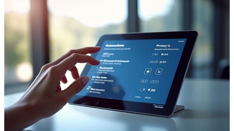 Uomo d'affari che utilizza un tablet con icone che rappresentano il controllo dei dati personali e i diritti GDPR, ambiente di ufficio pulito