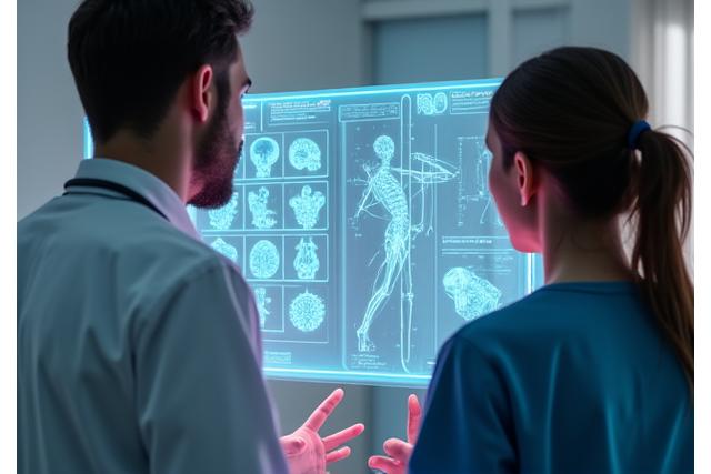 Un medico e un paziente interagiscono con un'interfaccia olografica guidata dall'IA per la diagnosi