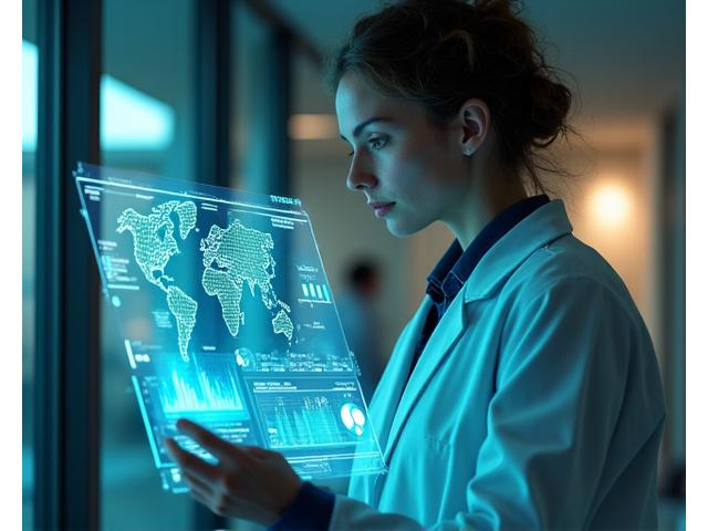 Analista che esamina dati complessi su un tablet olografico