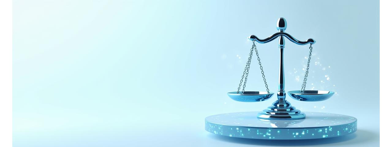 Illustrazione concettuale di bilance della giustizia digitali e ingranaggi, simbolo della trasparenza e dell'equità del framework legale di Alba Nuova