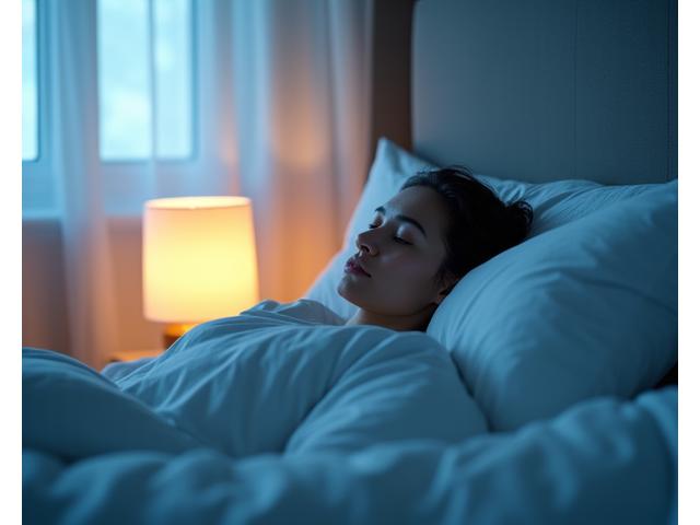 Una persona serena che dorme in una camera da letto moderna con luci soffuse