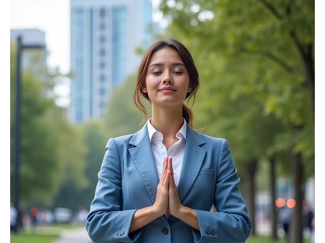 Persona calma che pratica mindfulness in un ambiente urbano, bilanciando lavoro e vita privata